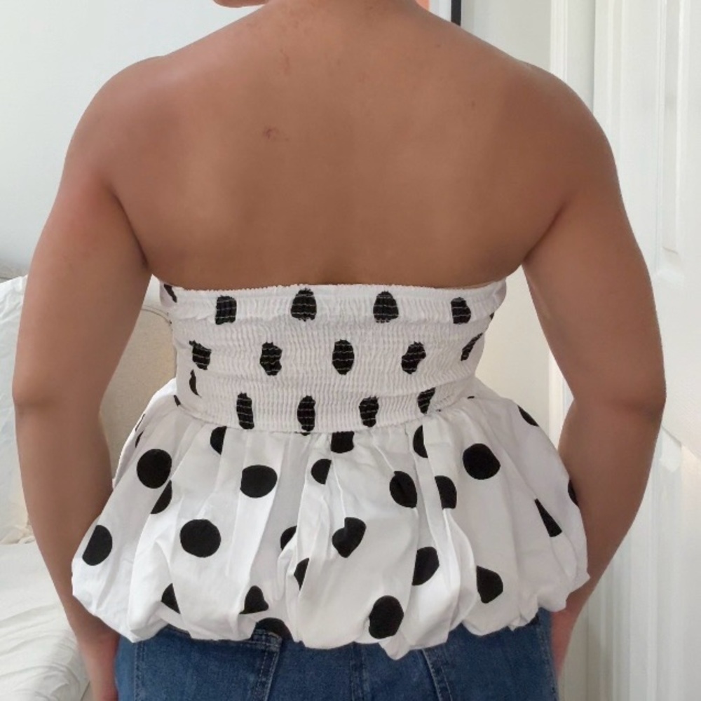 stradivarius White Strapless Peplum Top with Black Polka Dots - Picture 5 of 5